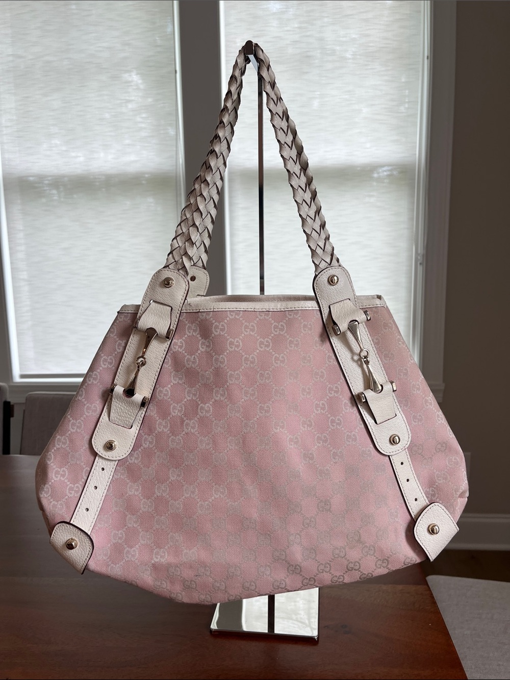 Gucci Pelham Horsebit Shoulder Bag • Pink GG Canvas • As-Is